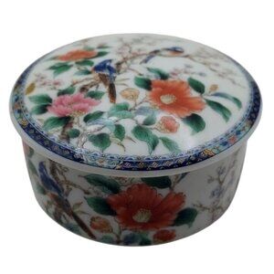 Vintage Japanese Imari Ware Porcelain Round Trinket Dish Bowl & Lid Floral Birds